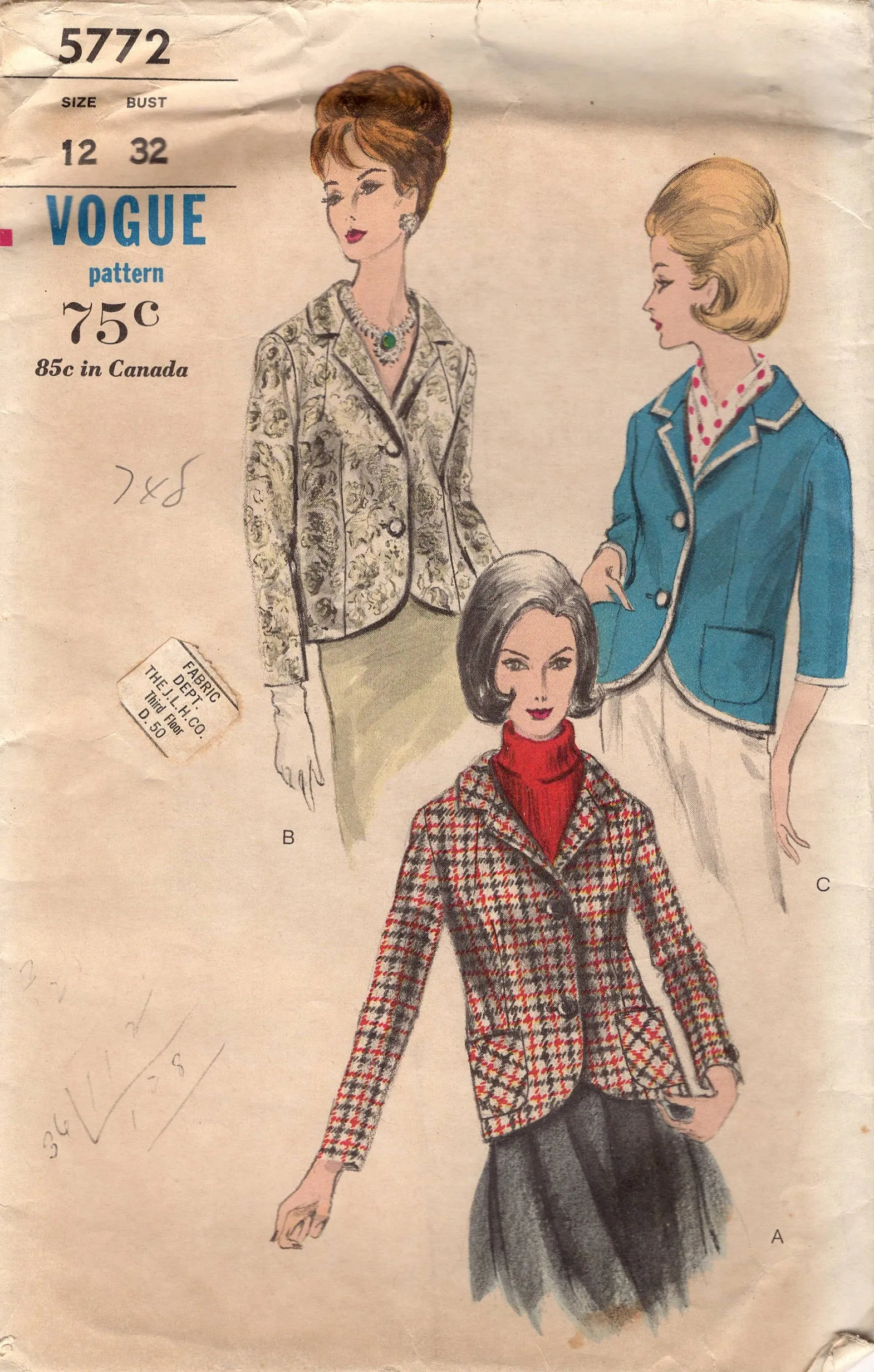 1960's Vogue Jacket with Pockets Pattern - Bust 32" - No. 5772