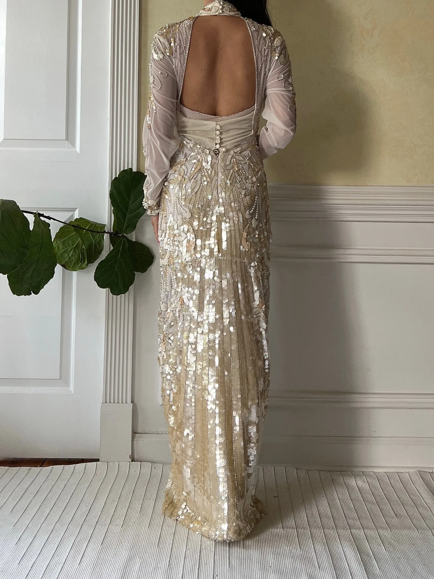 1980s Ivory and Gold Net Beaded Gown - M