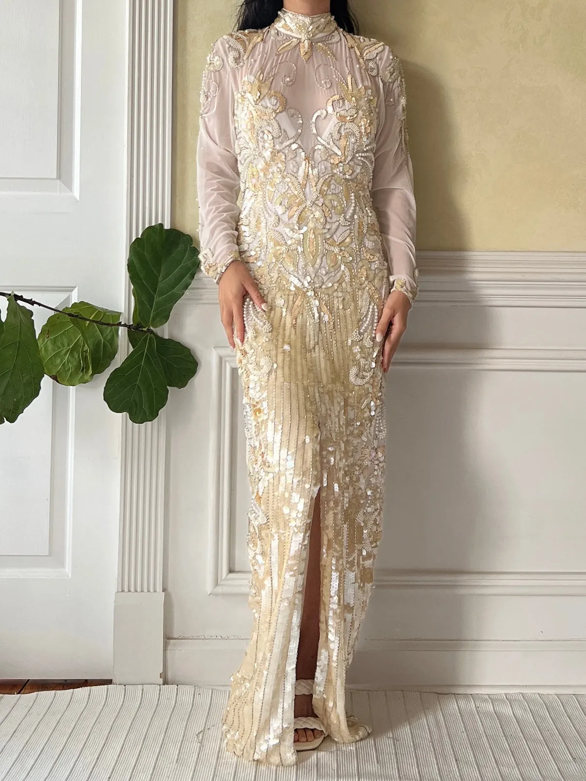 1980s Ivory and Gold Net Beaded Gown - M