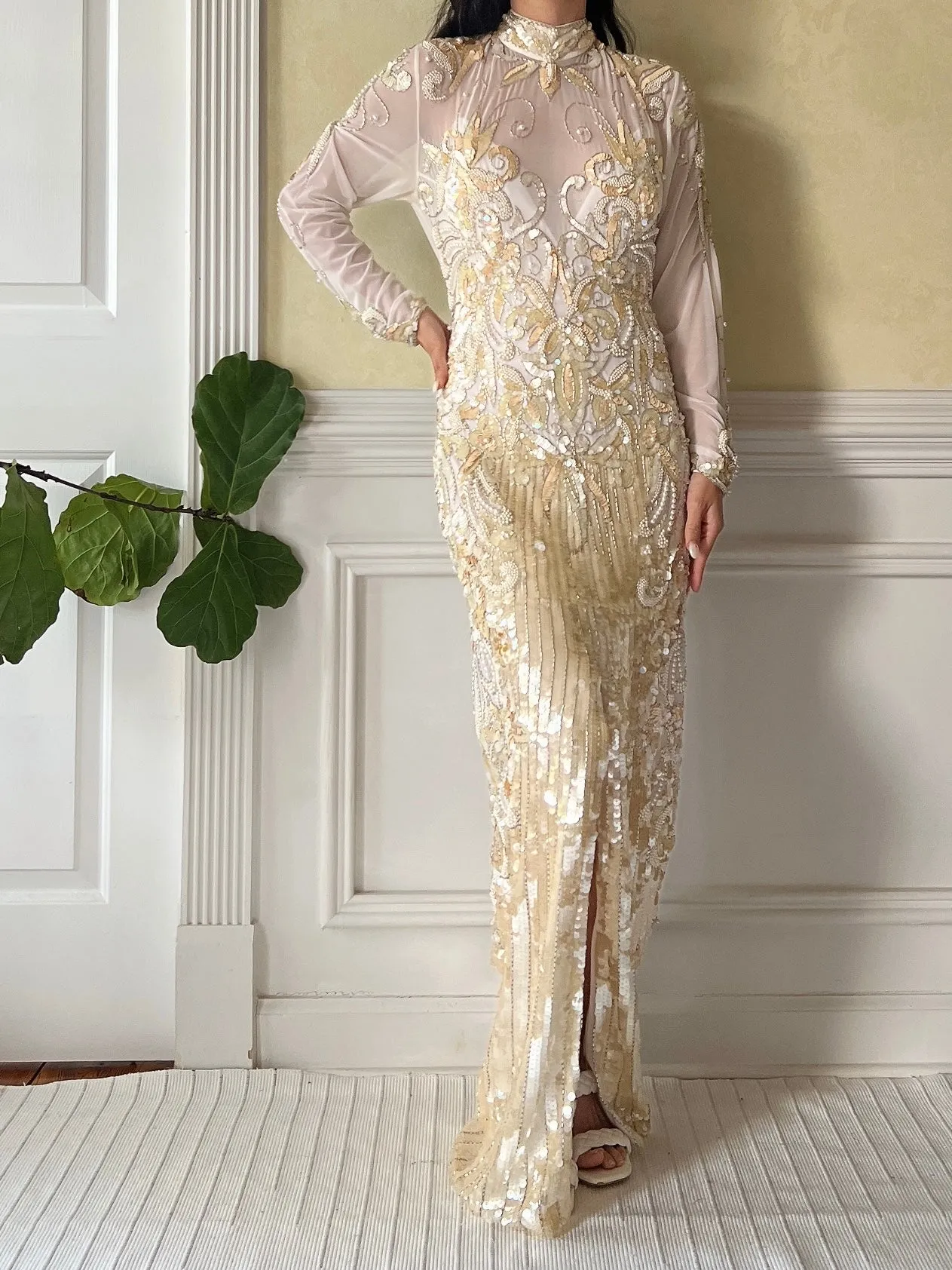 1980s Ivory and Gold Net Beaded Gown - M