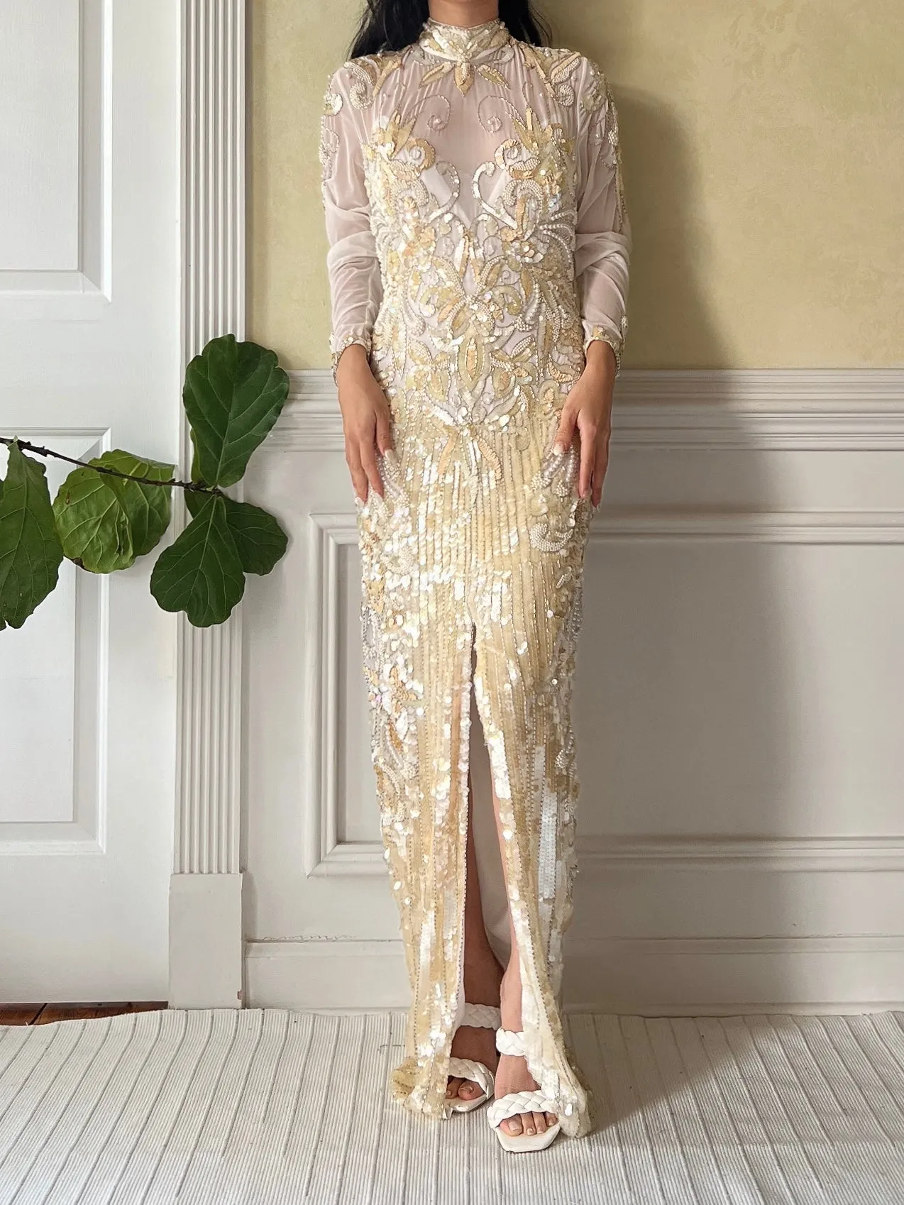 1980s Ivory and Gold Net Beaded Gown - M