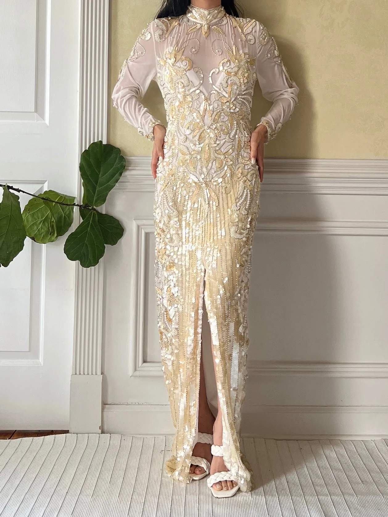 1980s Ivory and Gold Net Beaded Gown - M