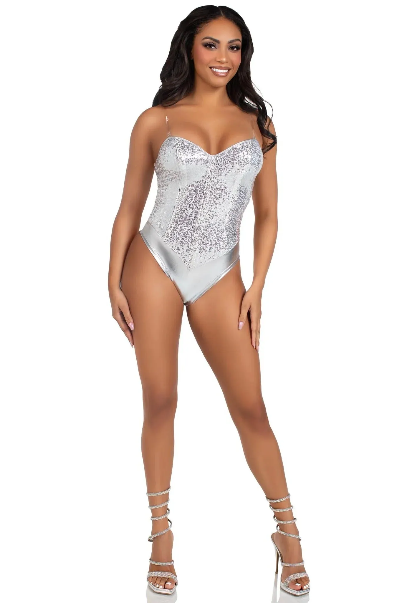 2Pc Sequin Boned Snap Crotch Bodysuit with Detachable Clear Straps Silver