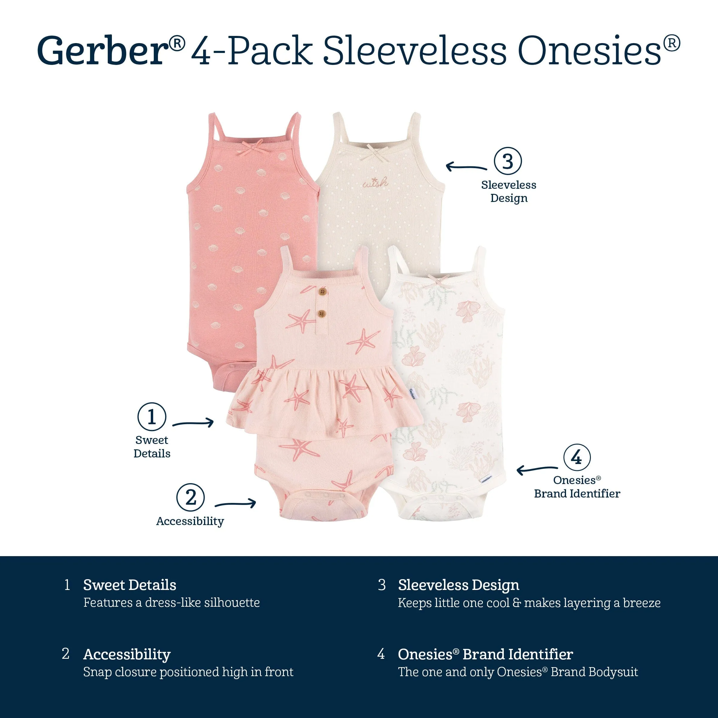 4-Pack Baby Girls Starfish Sleeveless Onesies® Bodysuits