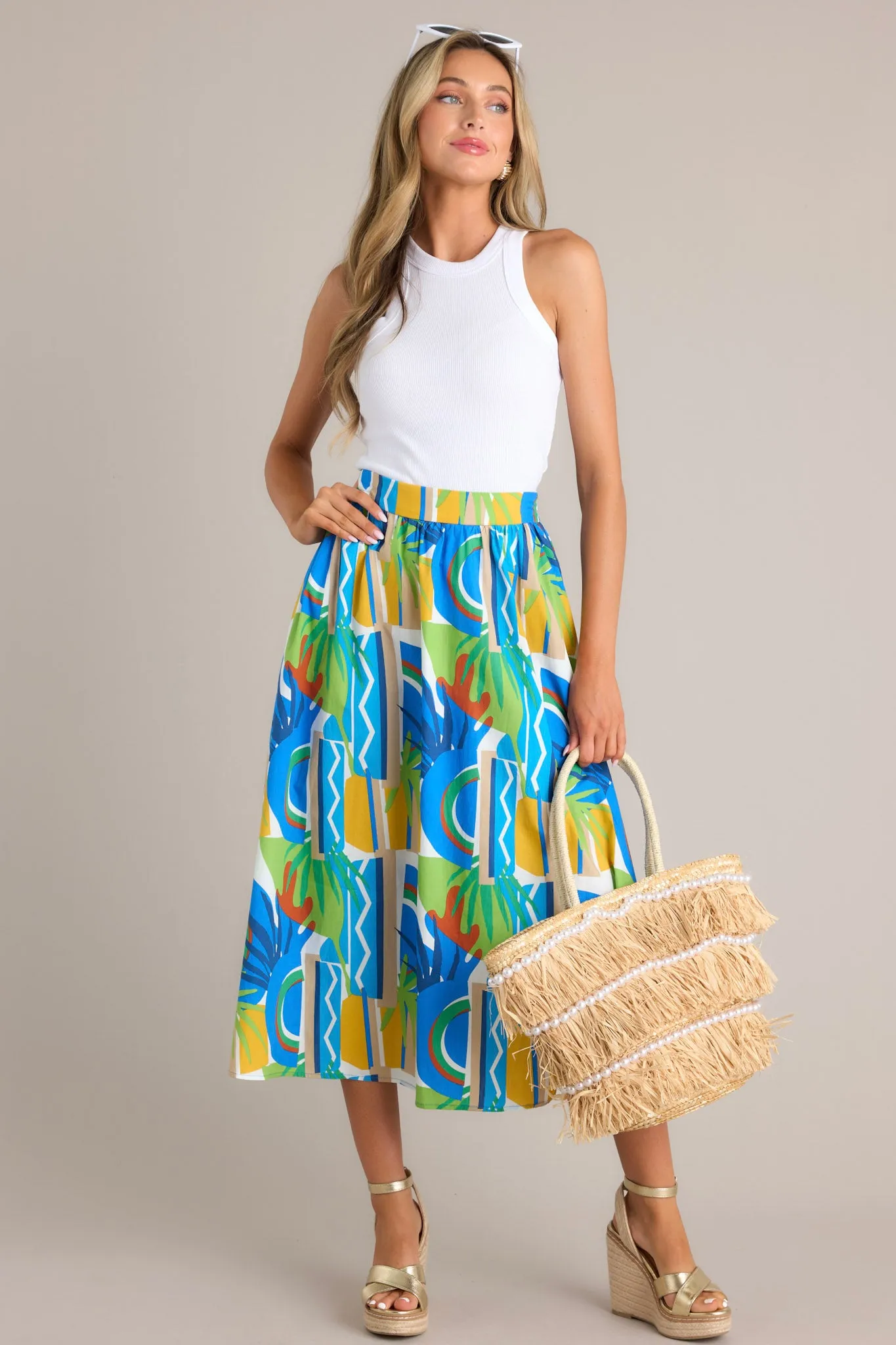 Abstract Drift Blue Multi Tropical Print 100% Cotton Midi Skirt