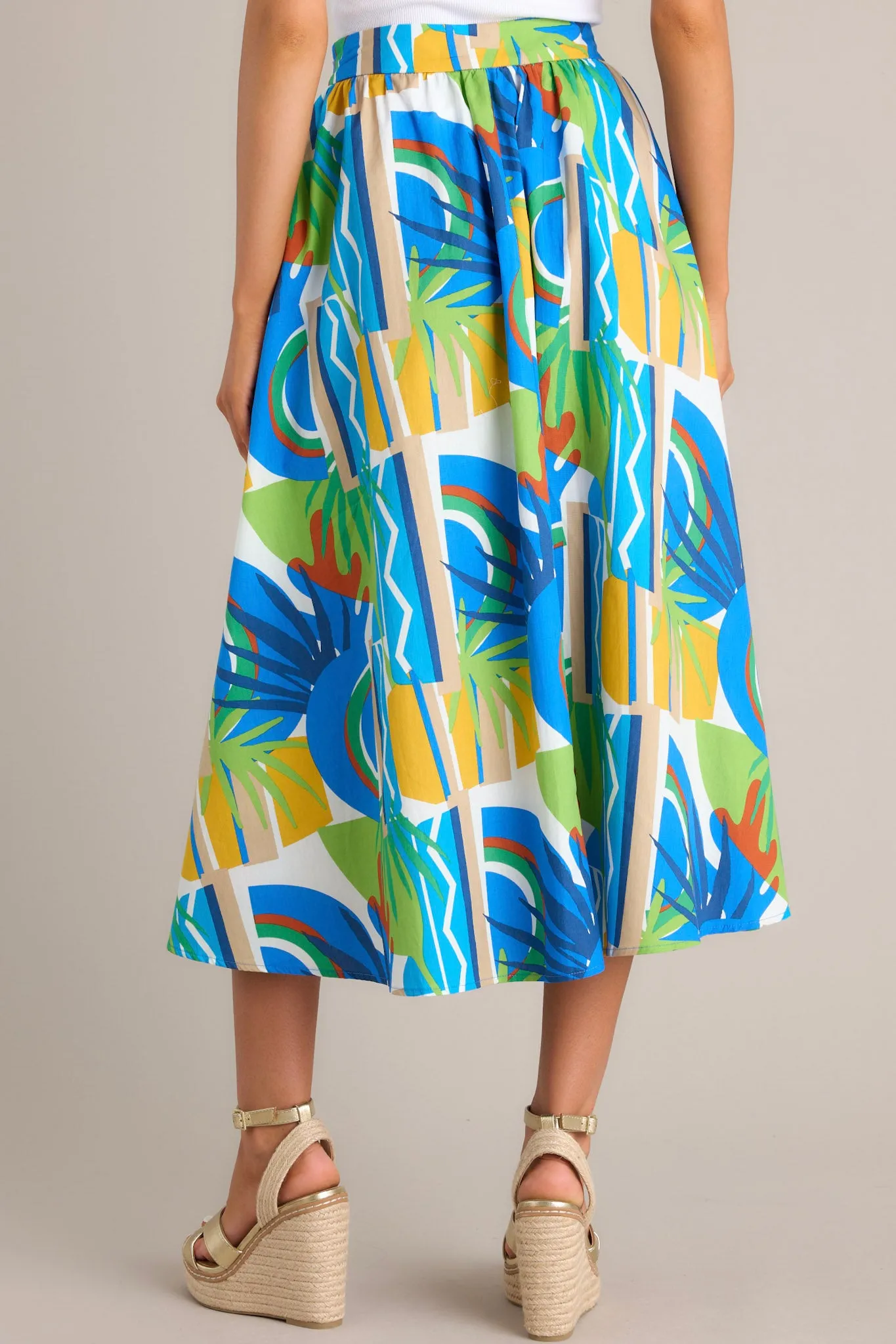 Abstract Drift Blue Multi Tropical Print 100% Cotton Midi Skirt