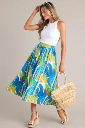 Abstract Drift Blue Multi Tropical Print 100% Cotton Midi Skirt