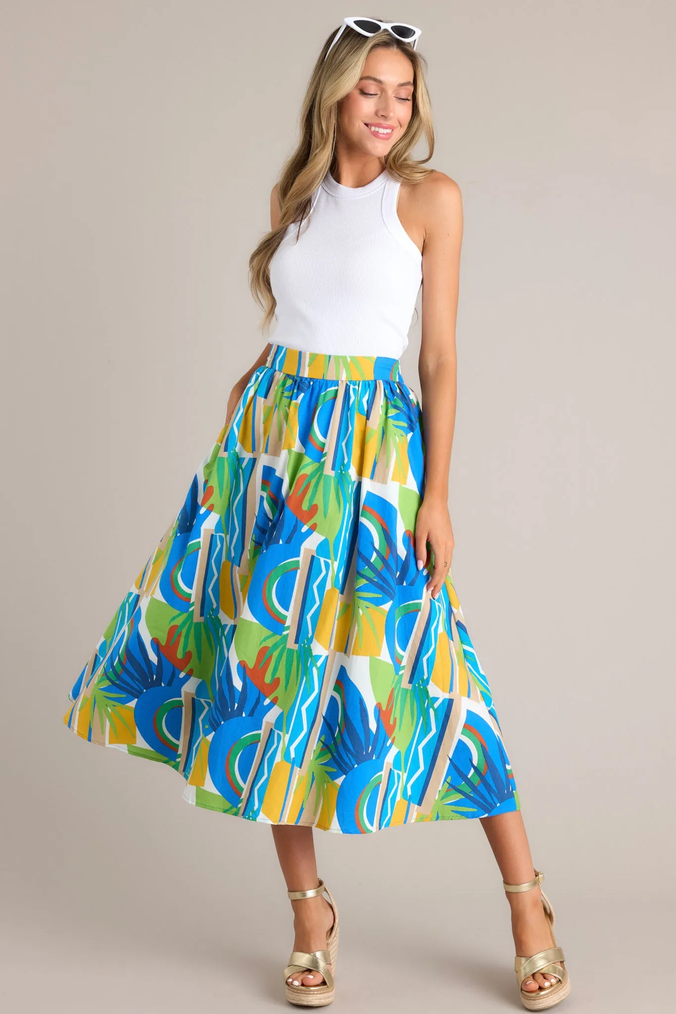 Abstract Drift Blue Multi Tropical Print 100% Cotton Midi Skirt