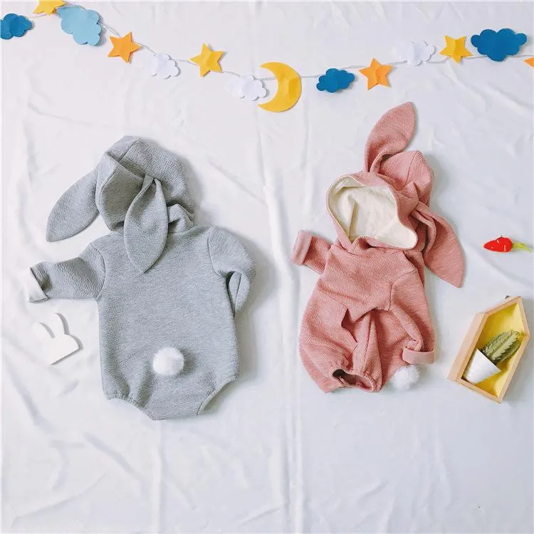 Adorable Baby Bunny Ear Solid Color Hooded Onesie