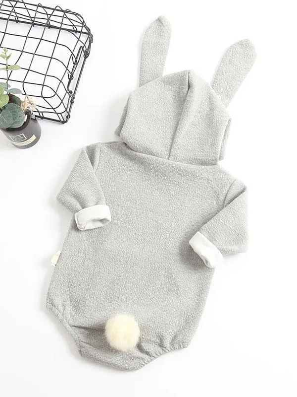 Adorable Baby Bunny Ear Solid Color Hooded Onesie