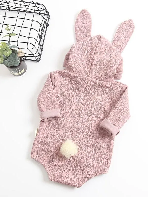 Adorable Baby Bunny Ear Solid Color Hooded Onesie