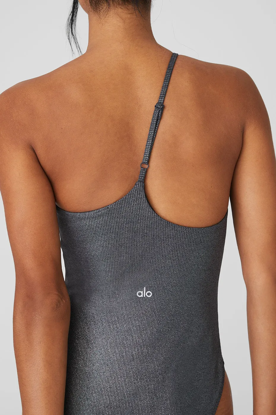 Alosoft Ribbed Shimmer Plie Bodysuit - Dark Grey Iridescent