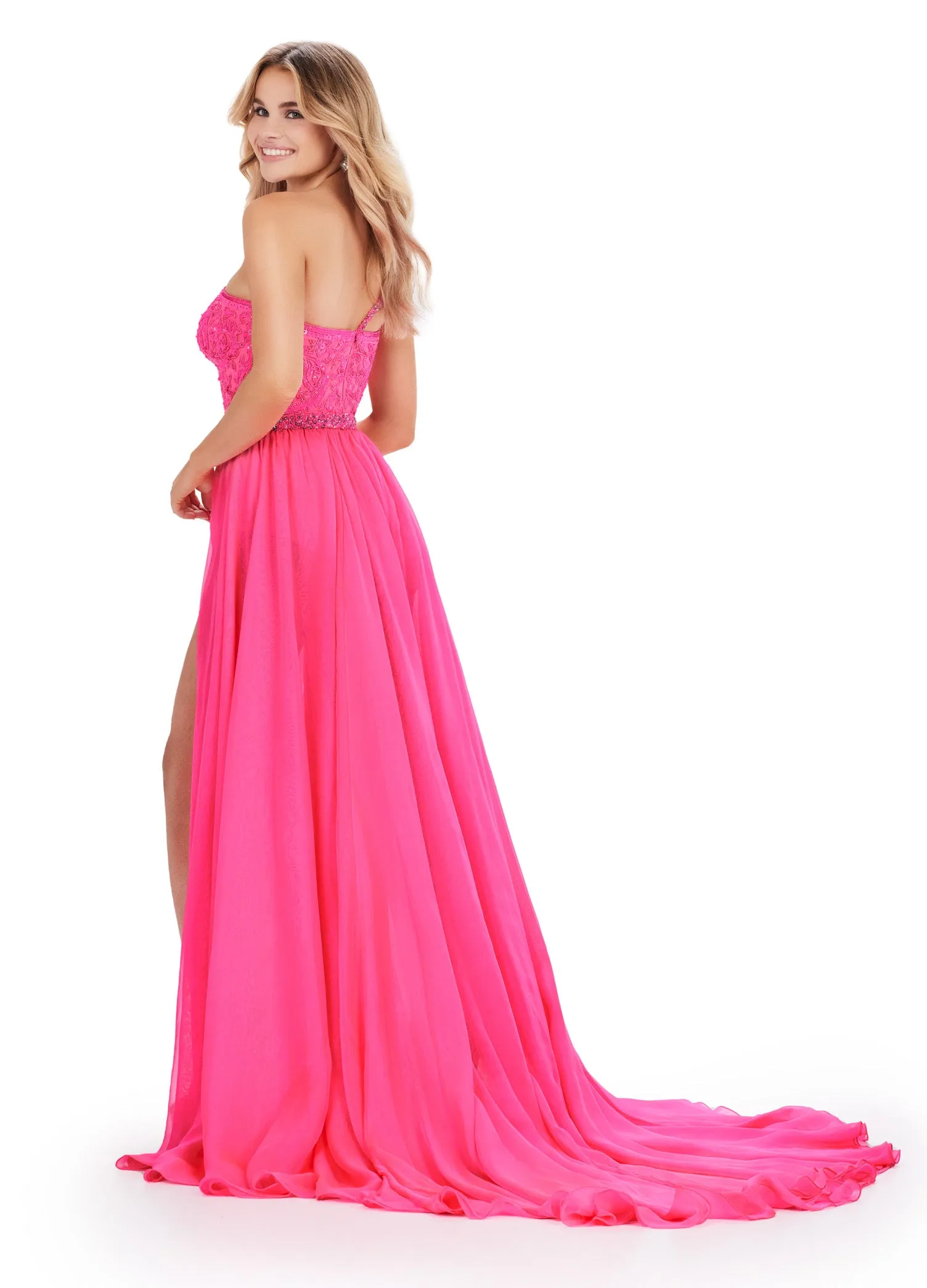 Ashley Lauren 11460 Long Prom Dress One Shoulder Beaded Bodysuit Chiffon Overskirt Formal Pageant Gown