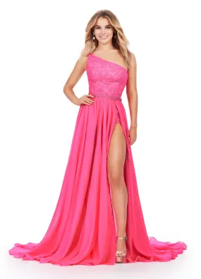 Ashley Lauren 11460 Long Prom Dress One Shoulder Beaded Bodysuit Chiffon Overskirt Formal Pageant Gown