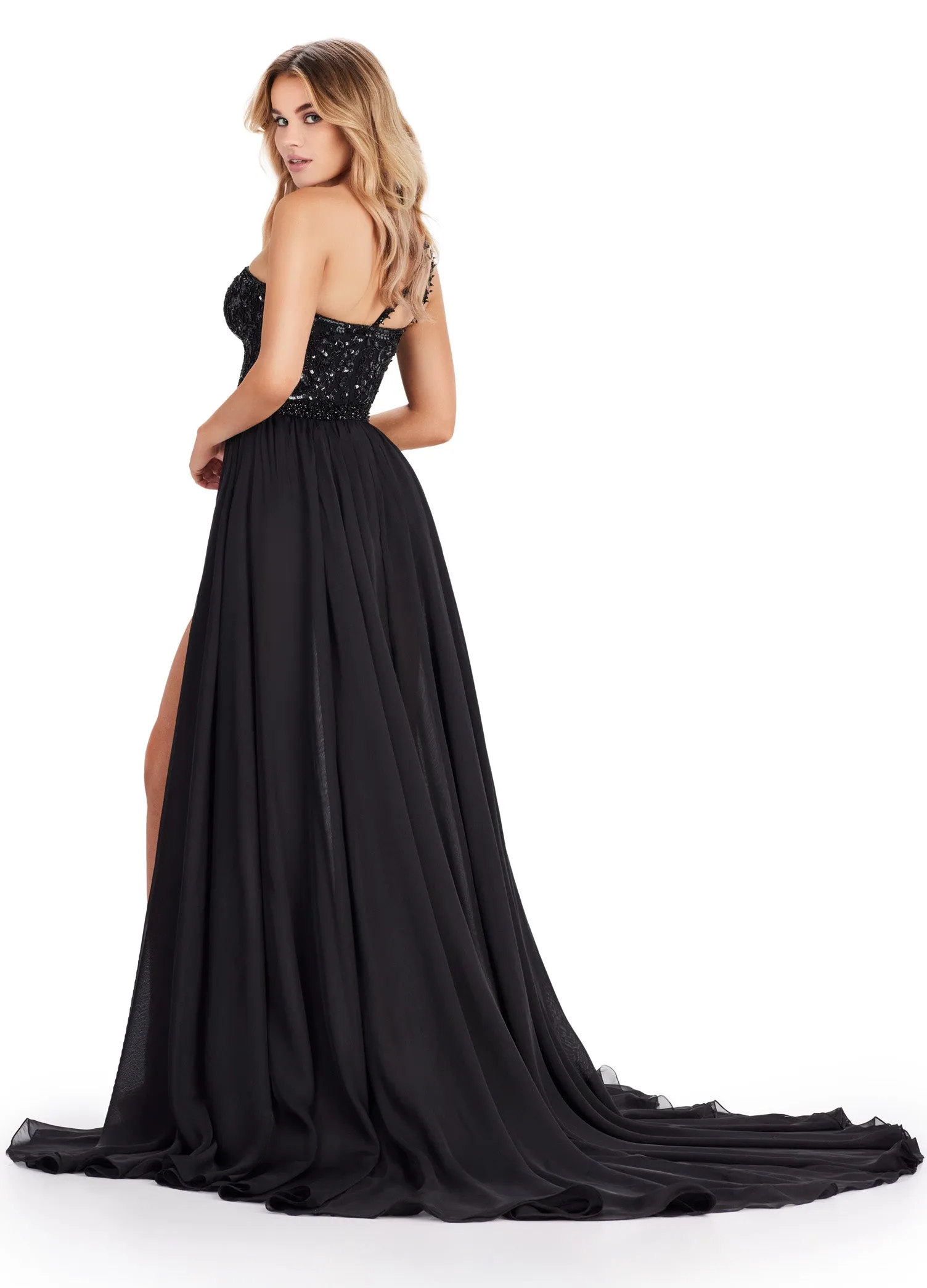 Ashley Lauren 11460 Long Prom Dress One Shoulder Beaded Bodysuit Chiffon Overskirt Formal Pageant Gown