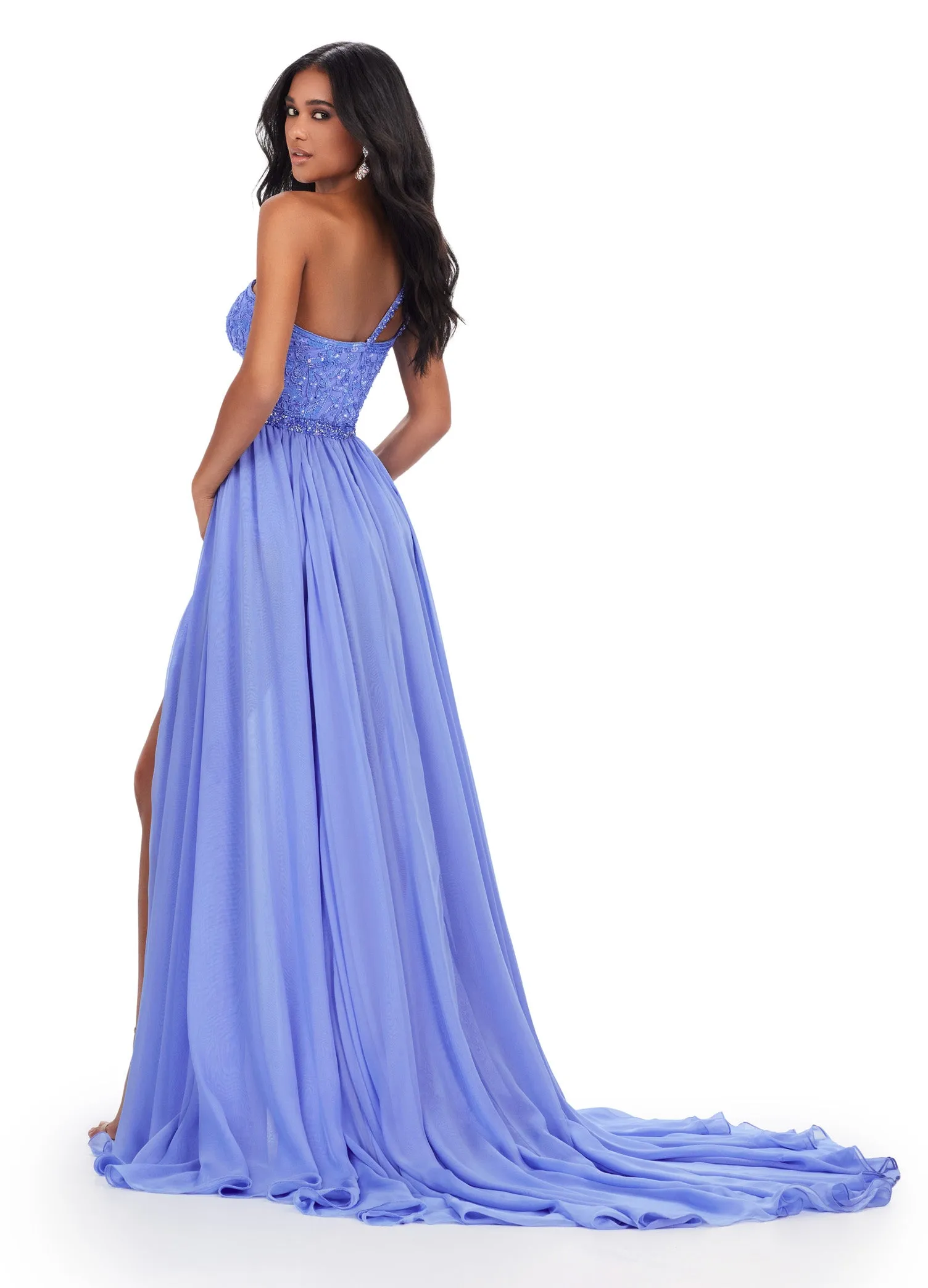 Ashley Lauren 11460 Long Prom Dress One Shoulder Beaded Bodysuit Chiffon Overskirt Formal Pageant Gown