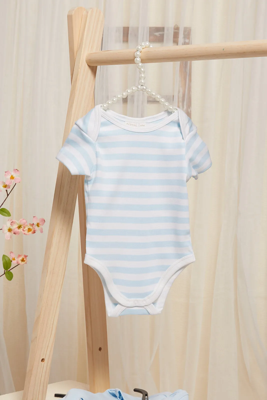 Baby Blue And White Printed Bodysuit Set (Pack Of 3)