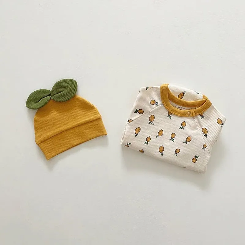 Baby Cherry Pattern Long Sleeves Autumn Triangle Bodysuit With Hat by MyKids-USA™