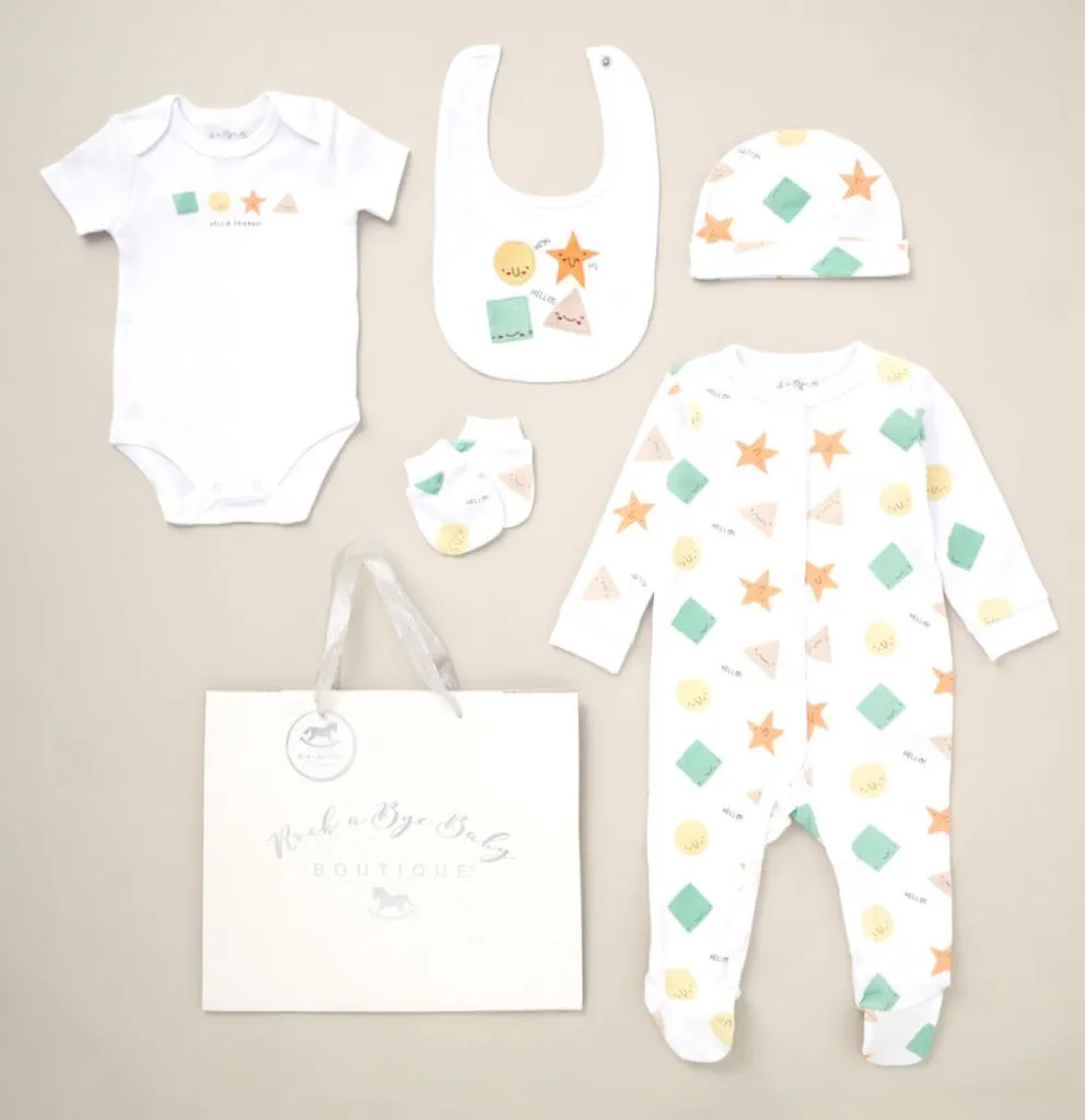 Baby Clothing Unisex White 'Shapes' 5 Piece Set