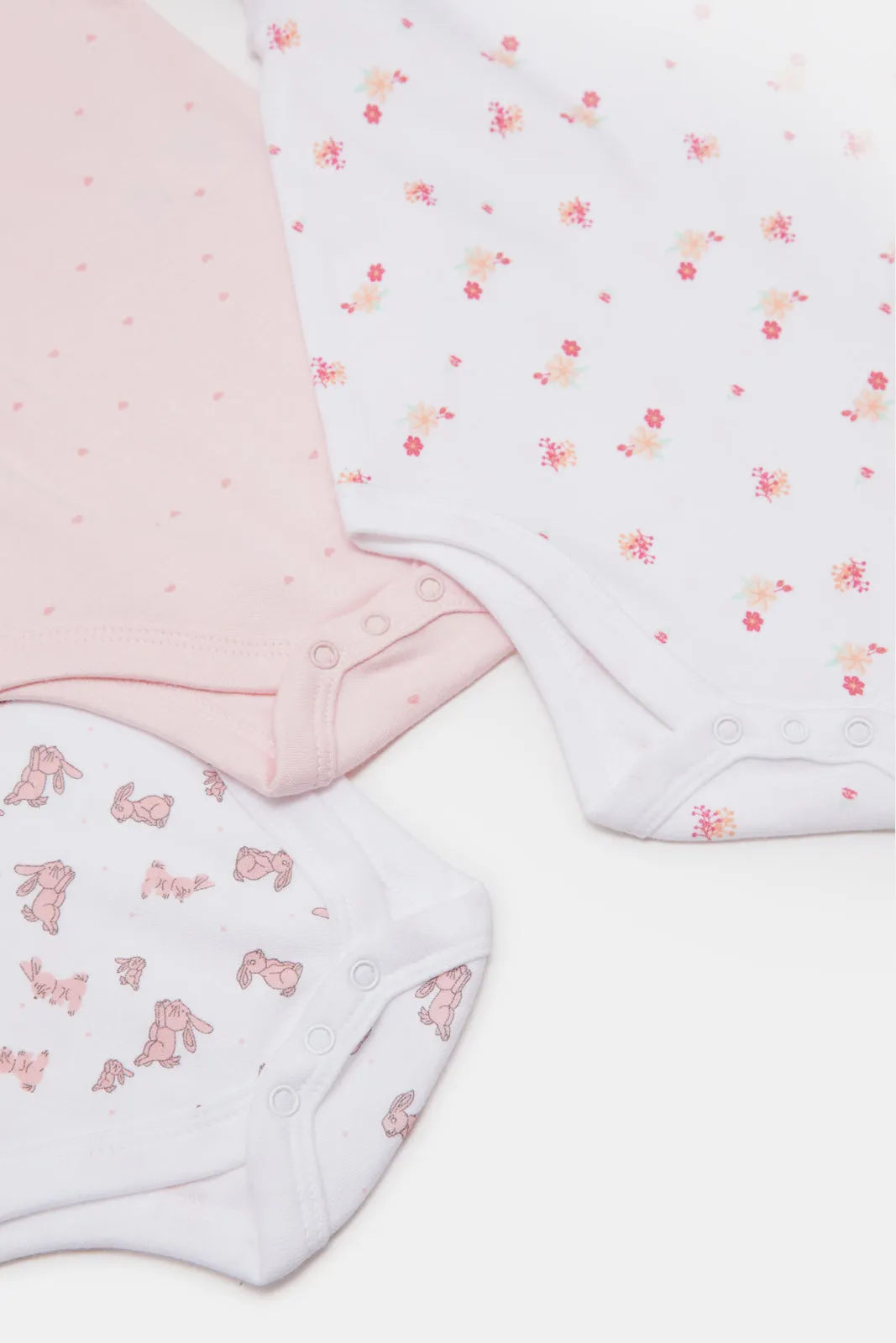 Baby Pink And White Printed Bodysuit Set (Pack Of 3)