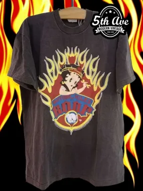 Betty Boop Motorcycle Babe Flame Circle Distressed T-Shirt