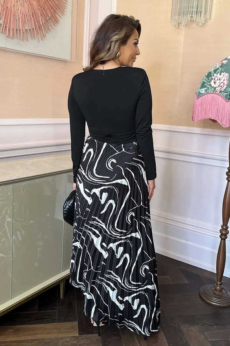 Black Abstract Stripe Print 2 in 1 Long Sleeve Pleated Skirt Midi Dress