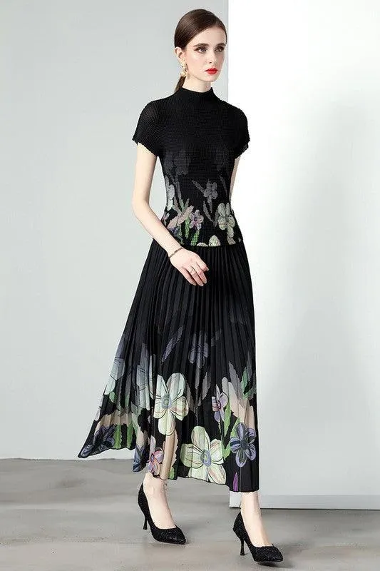 Black Floral Print Pleated Outfit