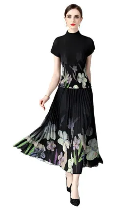 Black Floral Print Pleated Outfit