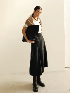 Black Vegan Leather Pleat Midi Skirt