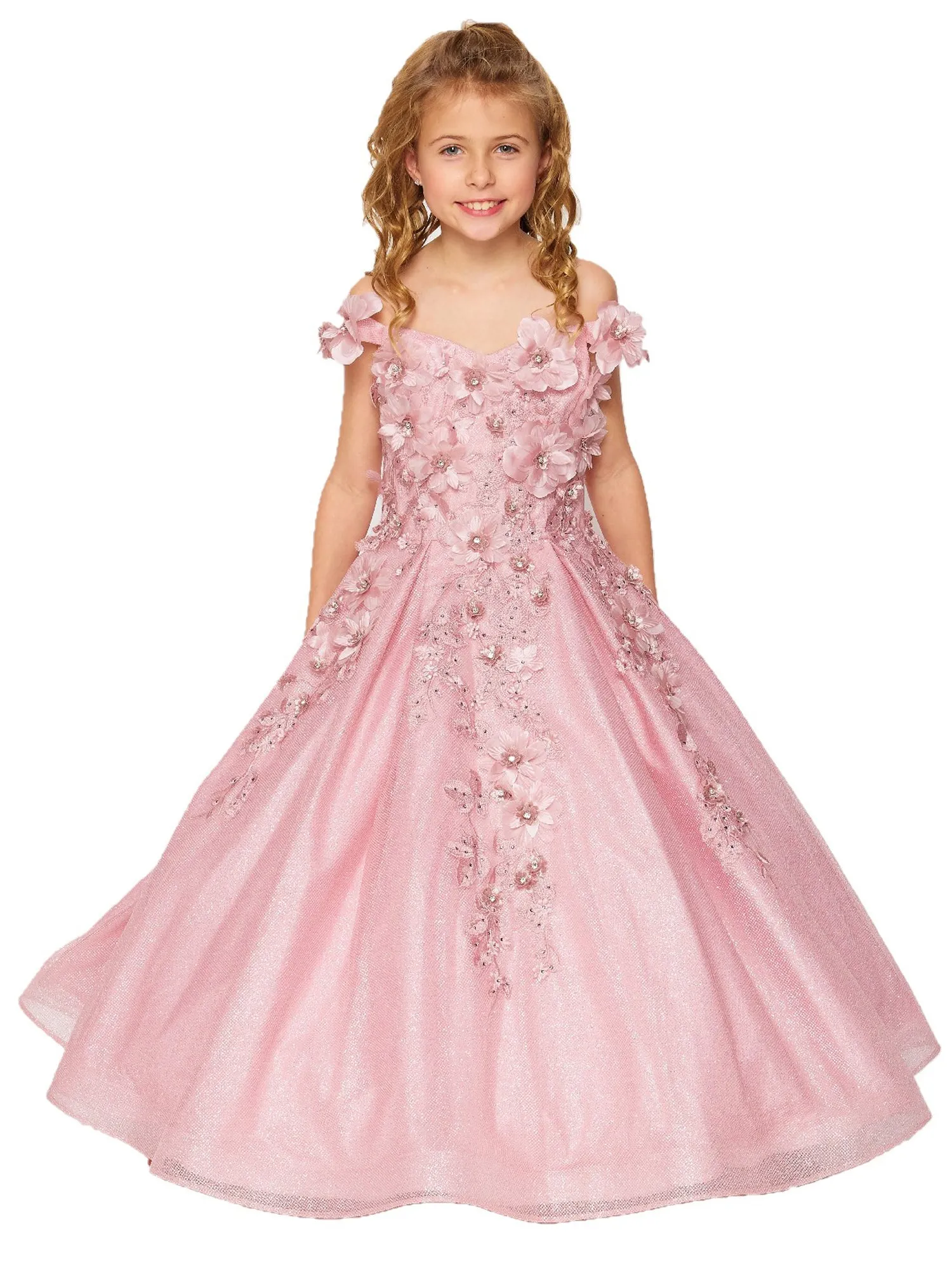 Bliss Big Girls Dusty Rose 3D Floral Applique Off Shoulder Ball Gown 8-16