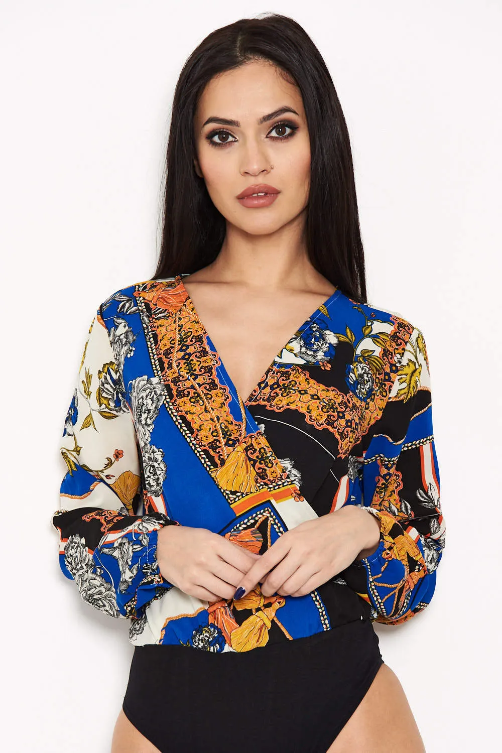 Blue Printed Wrap Bodysuit