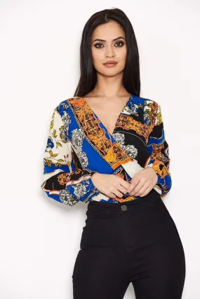 Blue Printed Wrap Bodysuit