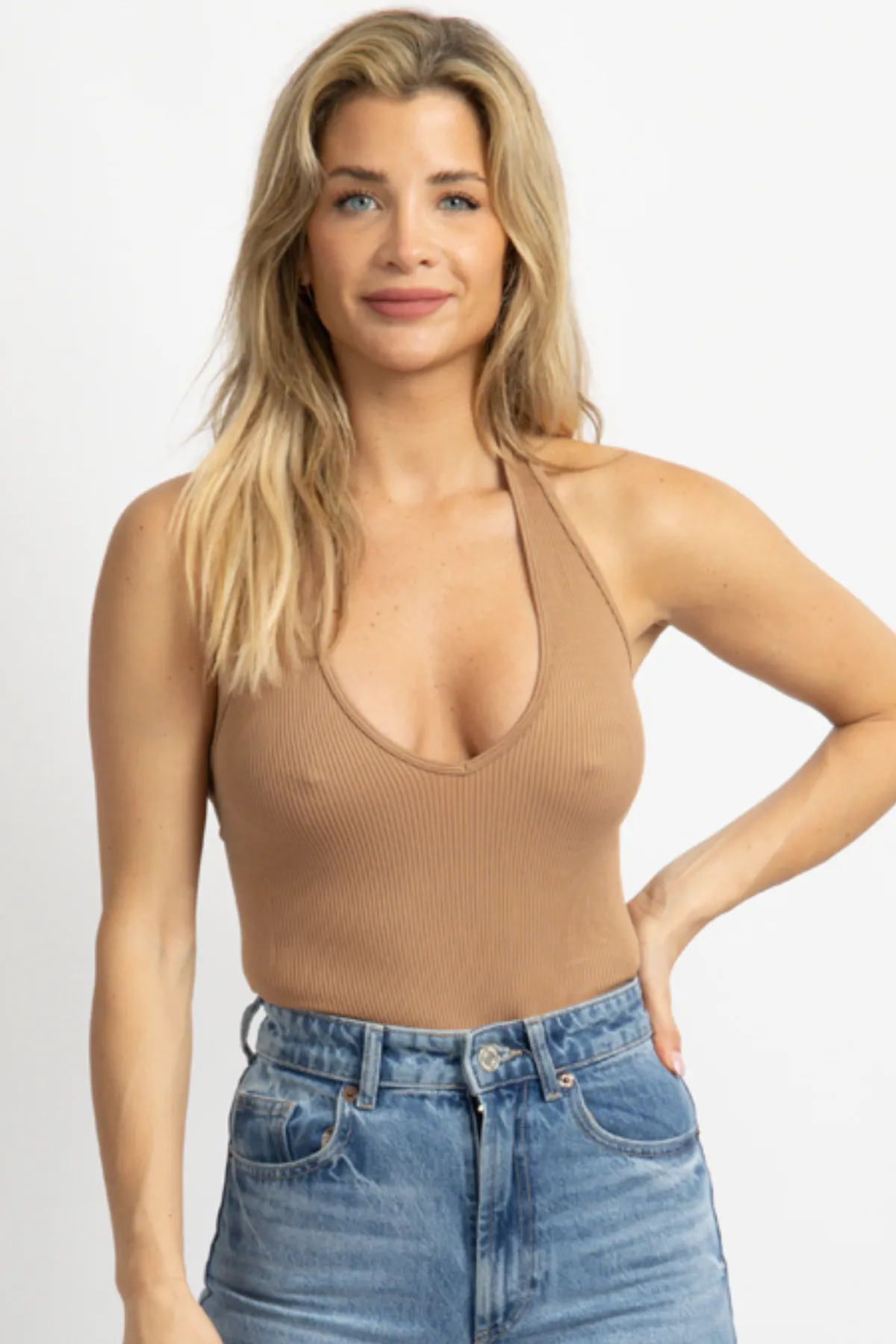 BROWN RIBBED HALTER OPEN-BACK BODYSUIT