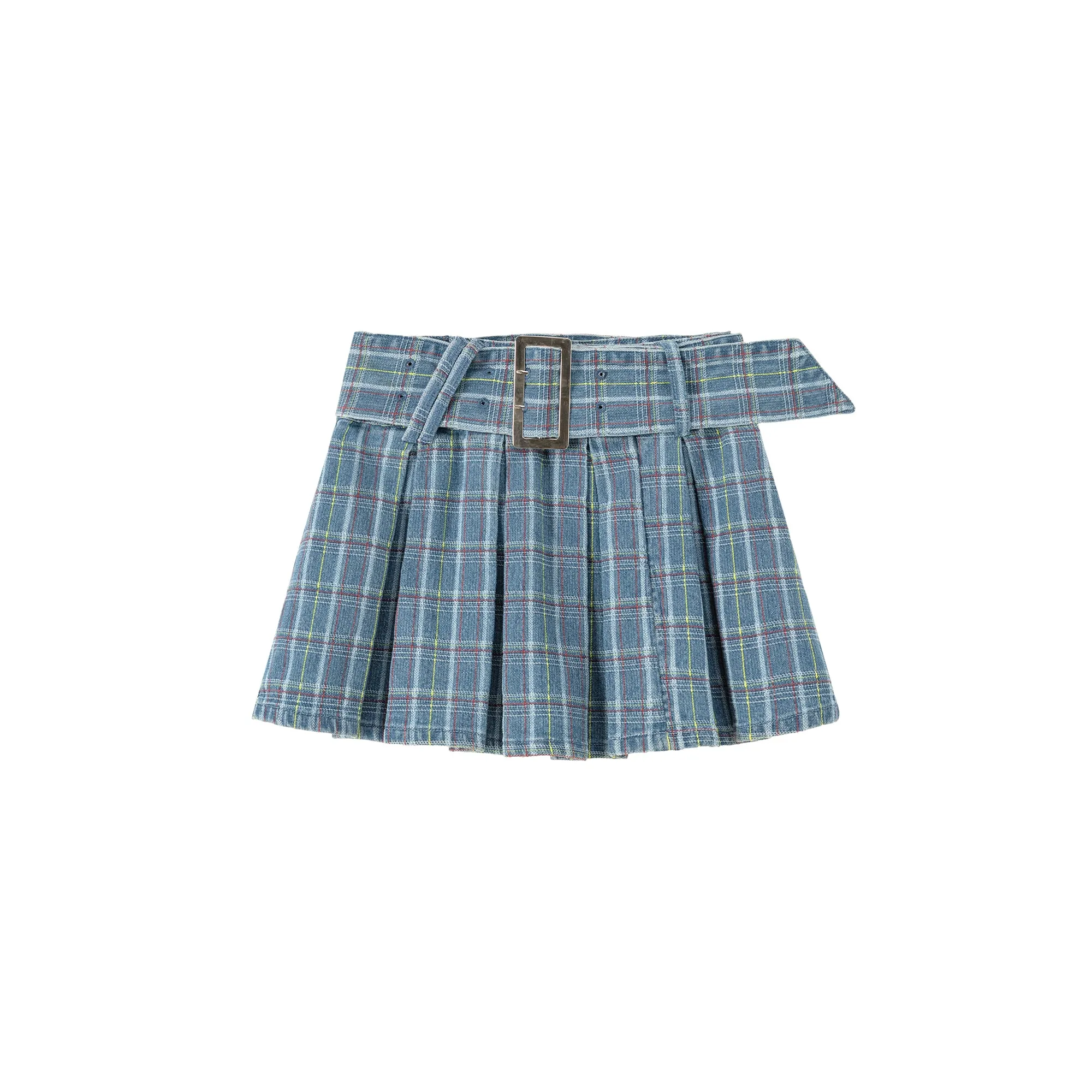 Check Pleated Big Belt Mini Skirt