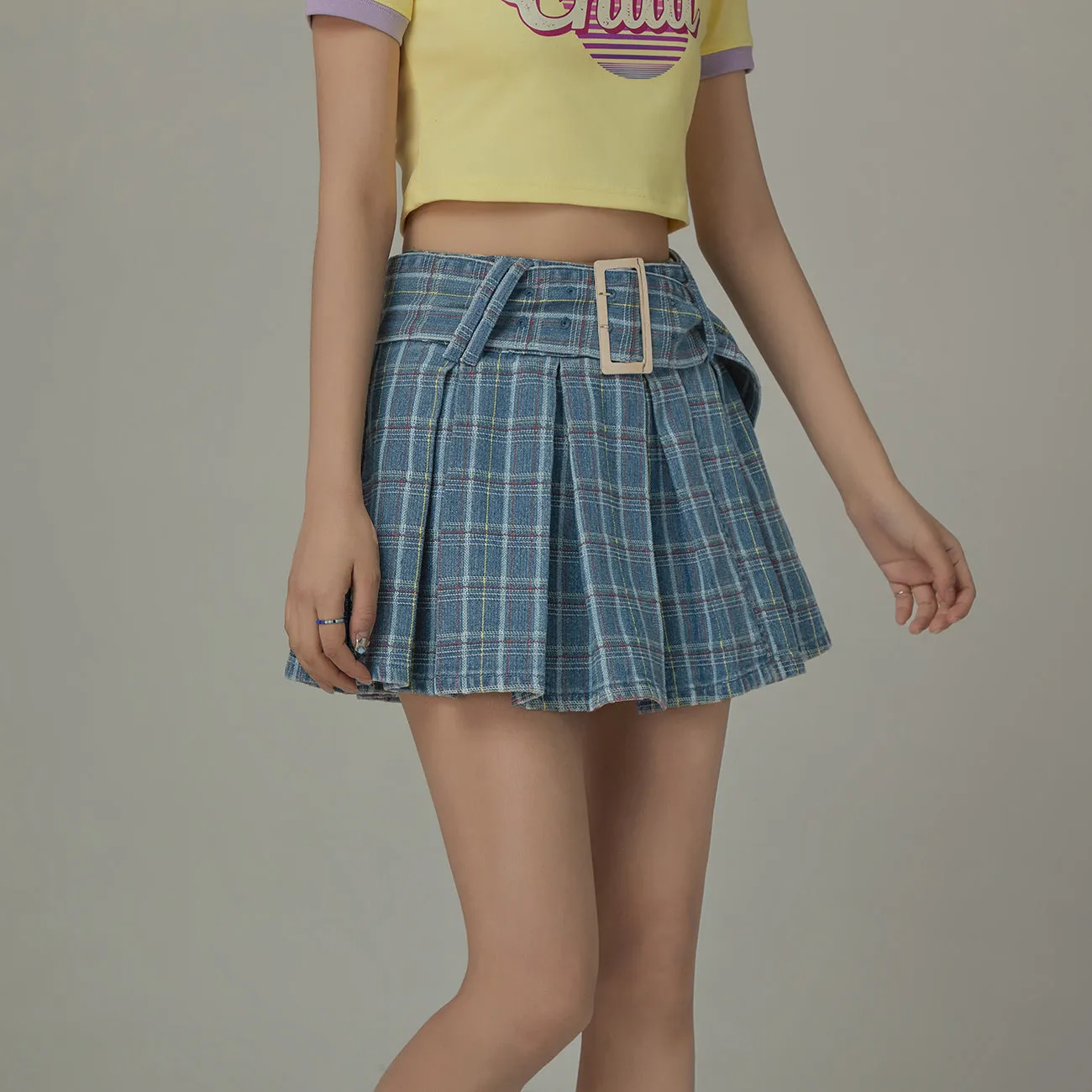 Check Pleated Big Belt Mini Skirt