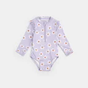 Daisy Print On Lavender Long-Sleeve Swimsuit | Petit Lem