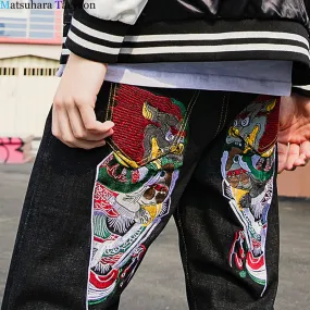 Dark Men Jeans with Japanese Ghosts Embroidery