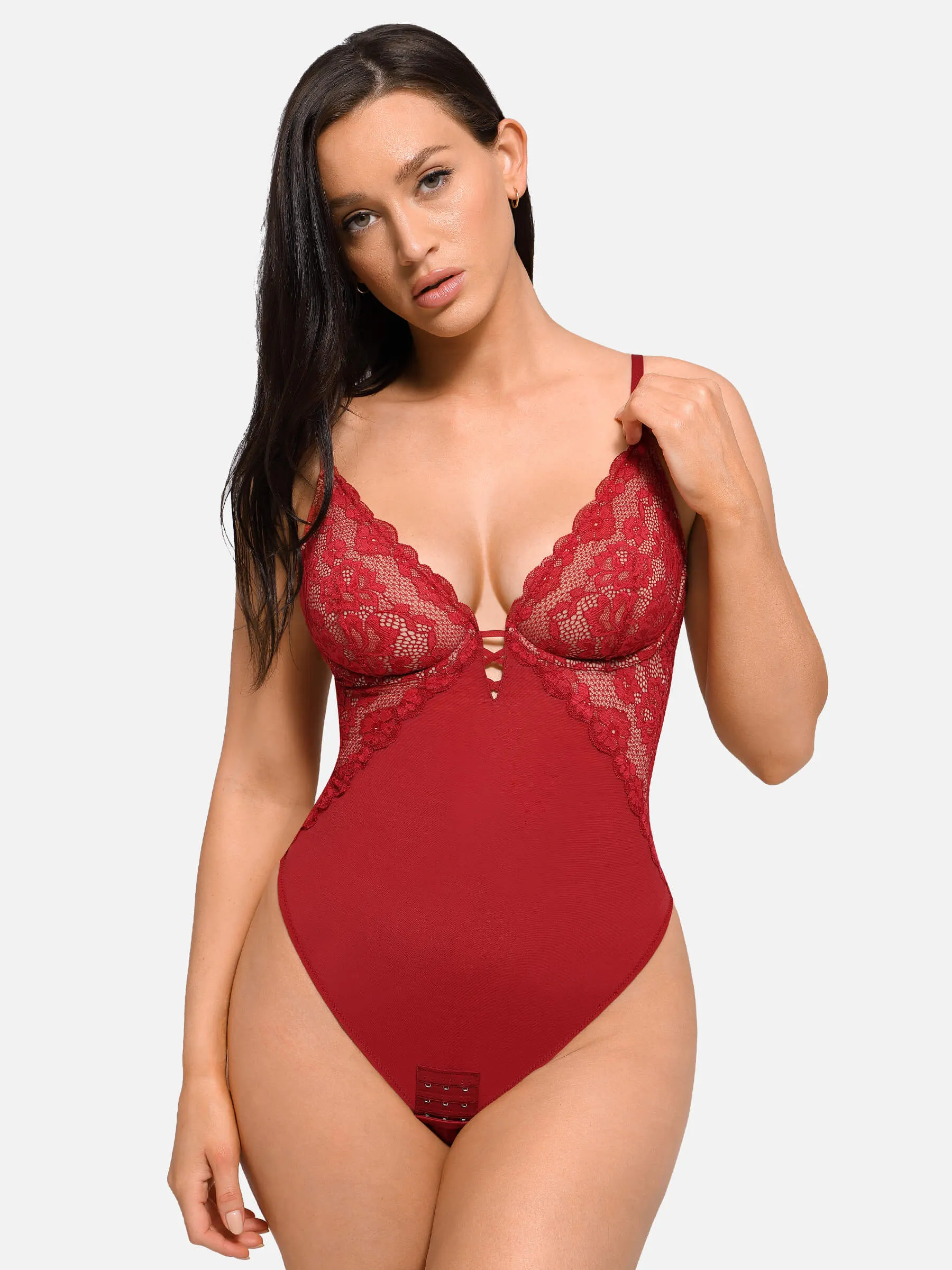 Feelingirl V Neck Elegant Lace Sculpting Thongs Bodysuit