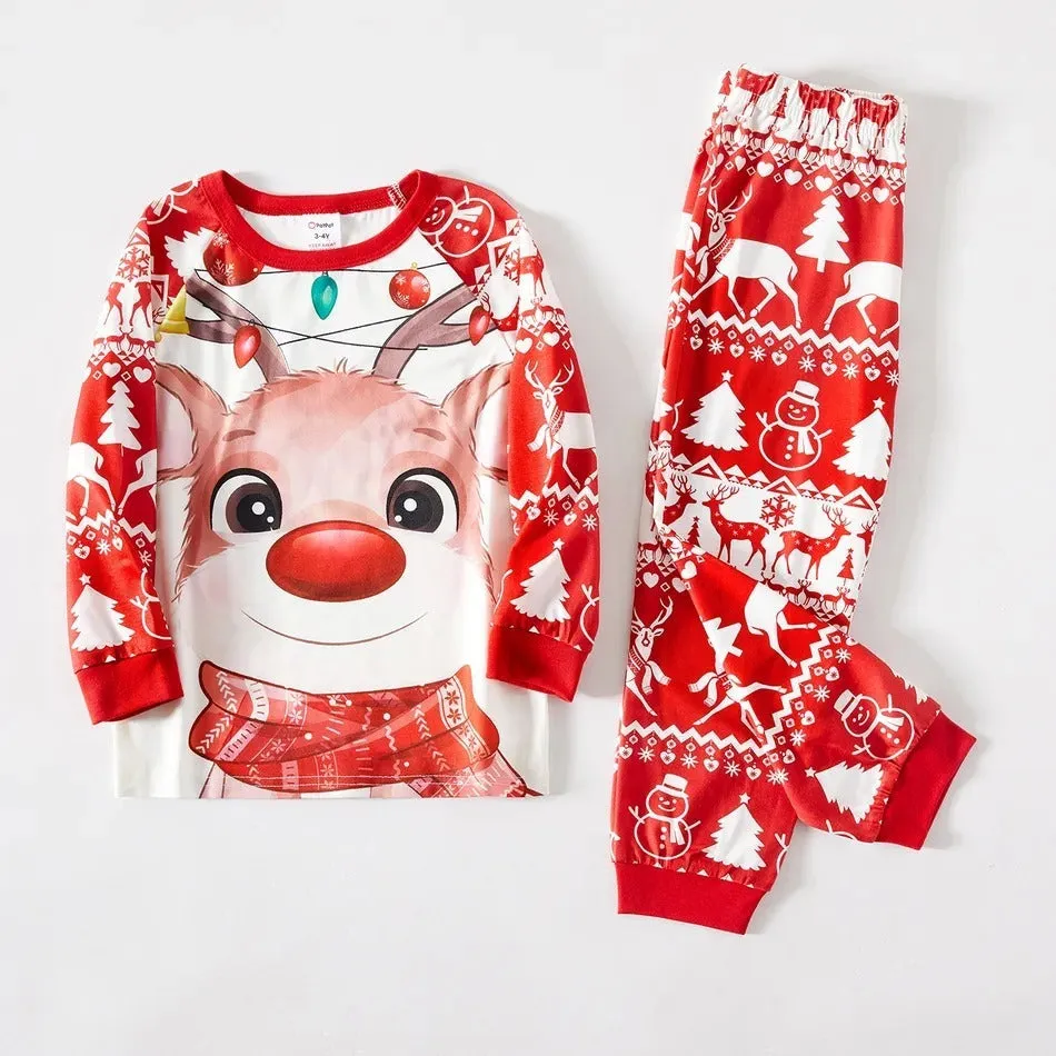 Festive Family Christmas Pajama Set - Matching Reindeer Print Home Wear for Parent and Child