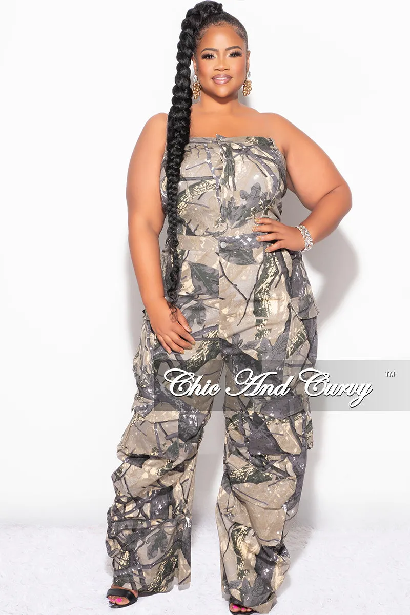 Final Sale Plus Size Cargo Jumpsuit in Brown and Grey