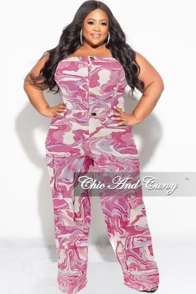 Final Sale Plus Size Cargo Jumpsuit in Fuchsia Design Print