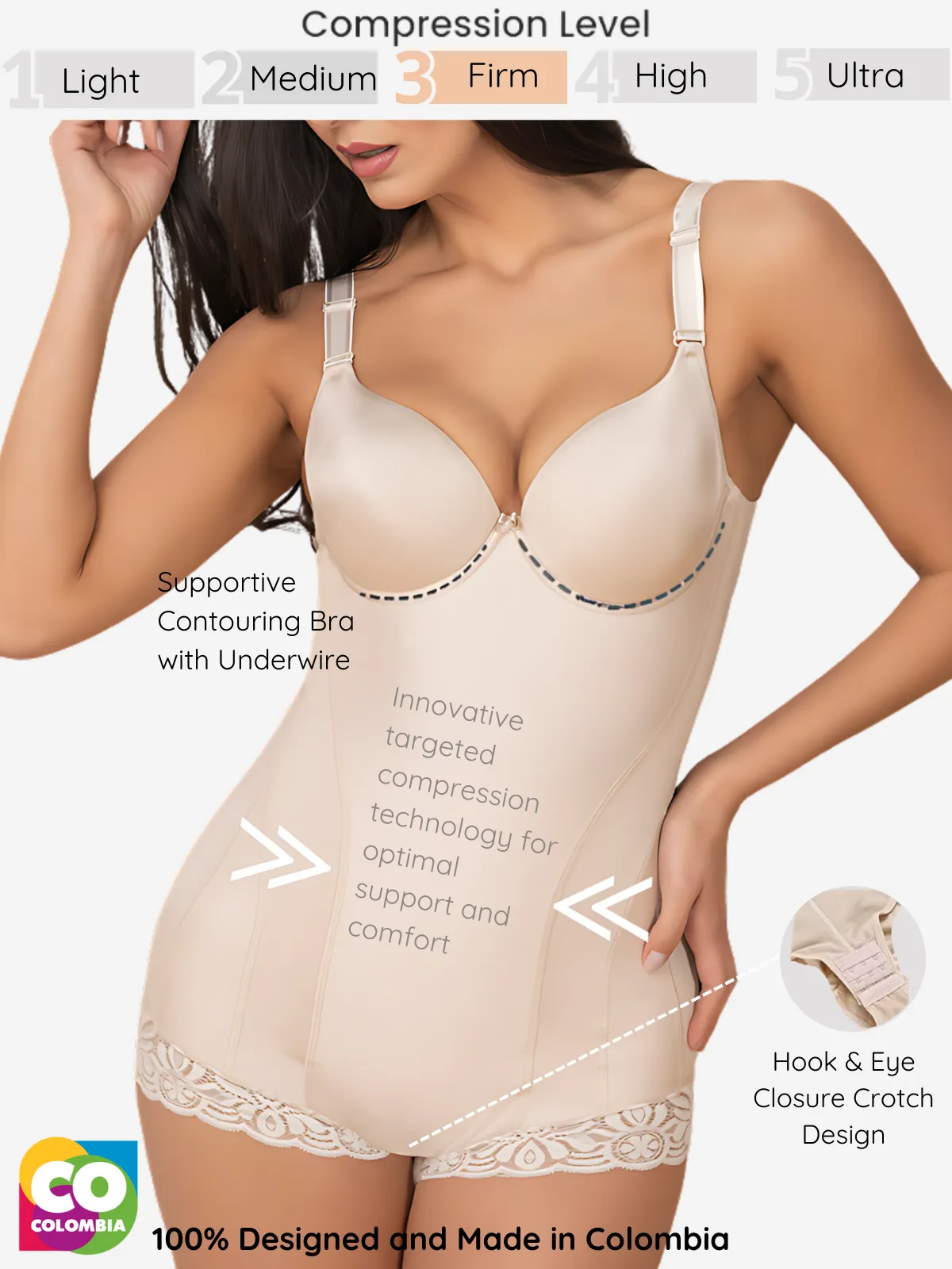 Firm Compression Body Shaper with Contouring Bra and Hook & Eye Closure | Targeted Support | Made in Colombia