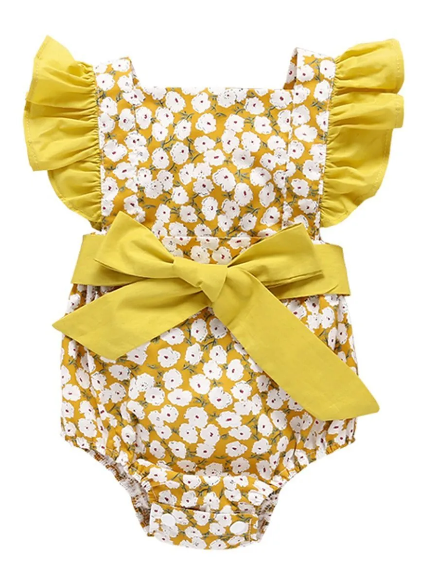 Floral Flutter Sleeve Big Bow Baby Jumpsuit