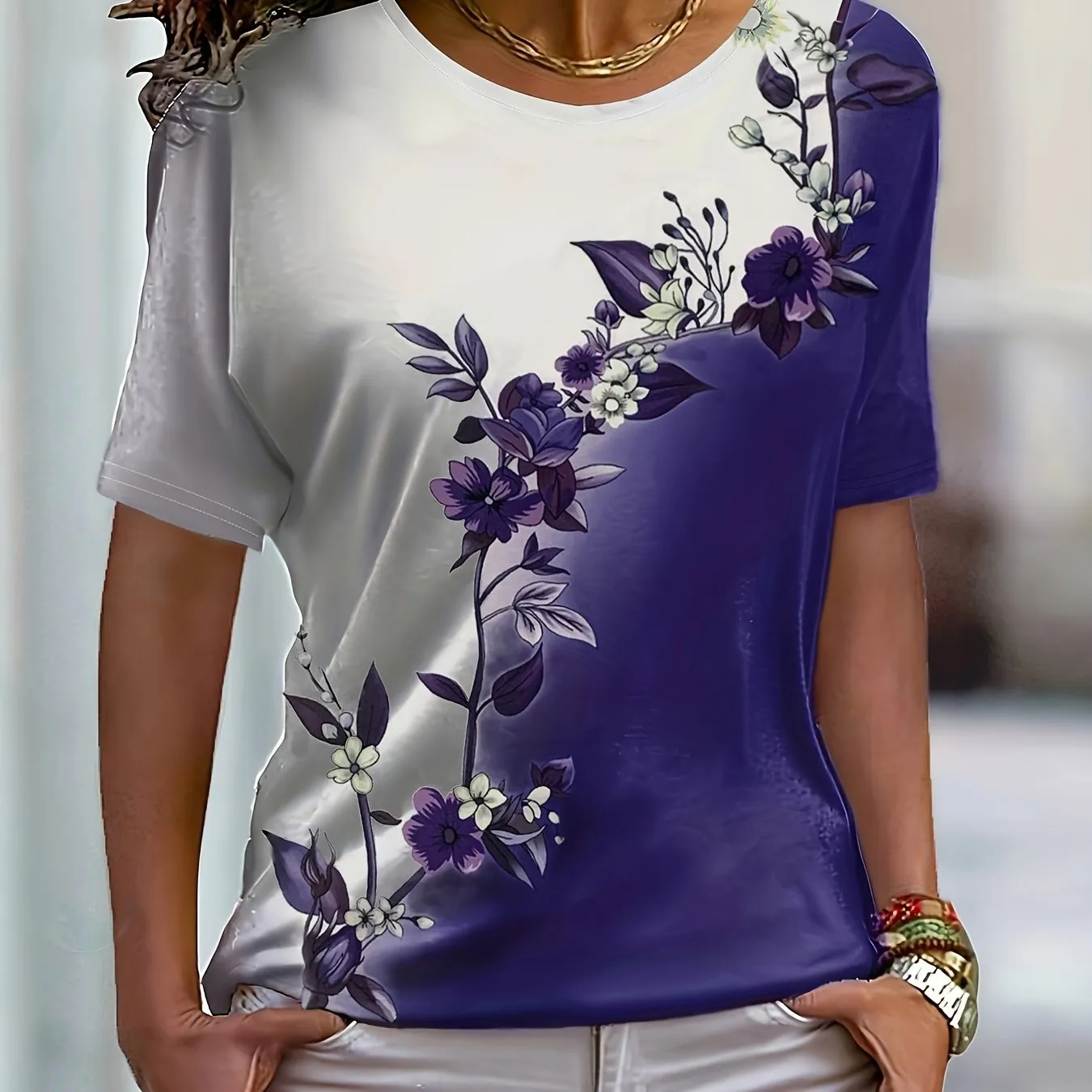 Floral Print Colorblock Crew Neck T-Shirt, Casual Short Sleeve Top For Spring & Summer, Women's Clothing