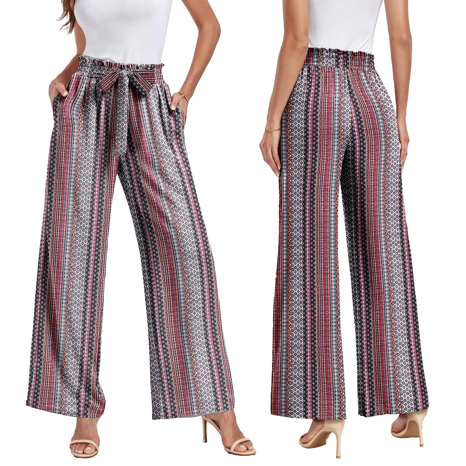 FREEOAK Wide Leg Casual Business Boho Hippie Pants Flowy Breathable Soft Pajama Bottom Trendy Outfits Beach Plus Size Office