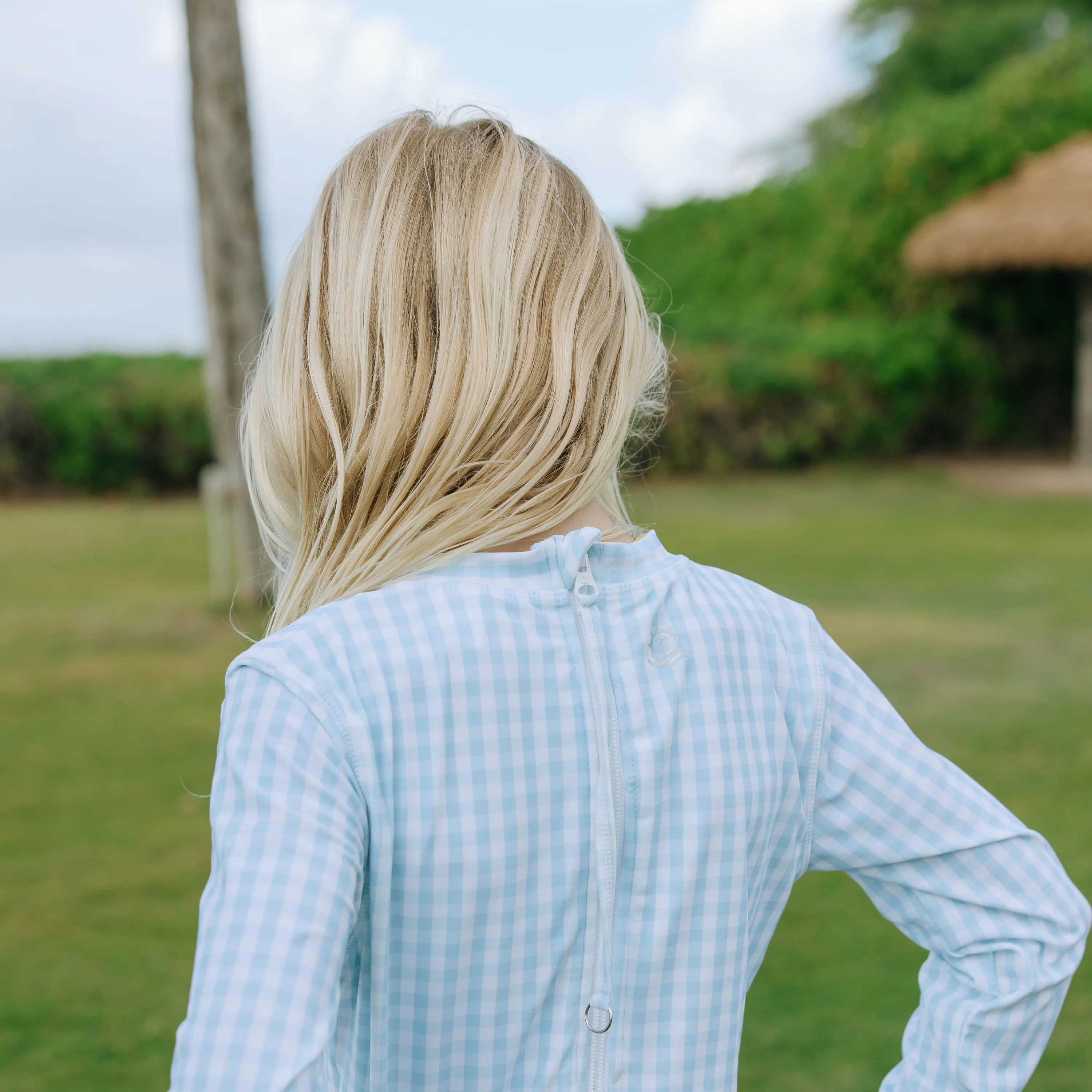 Girls Long Sleeve Surf Suit (One Piece Bodysuit) | "Blue Gingham"