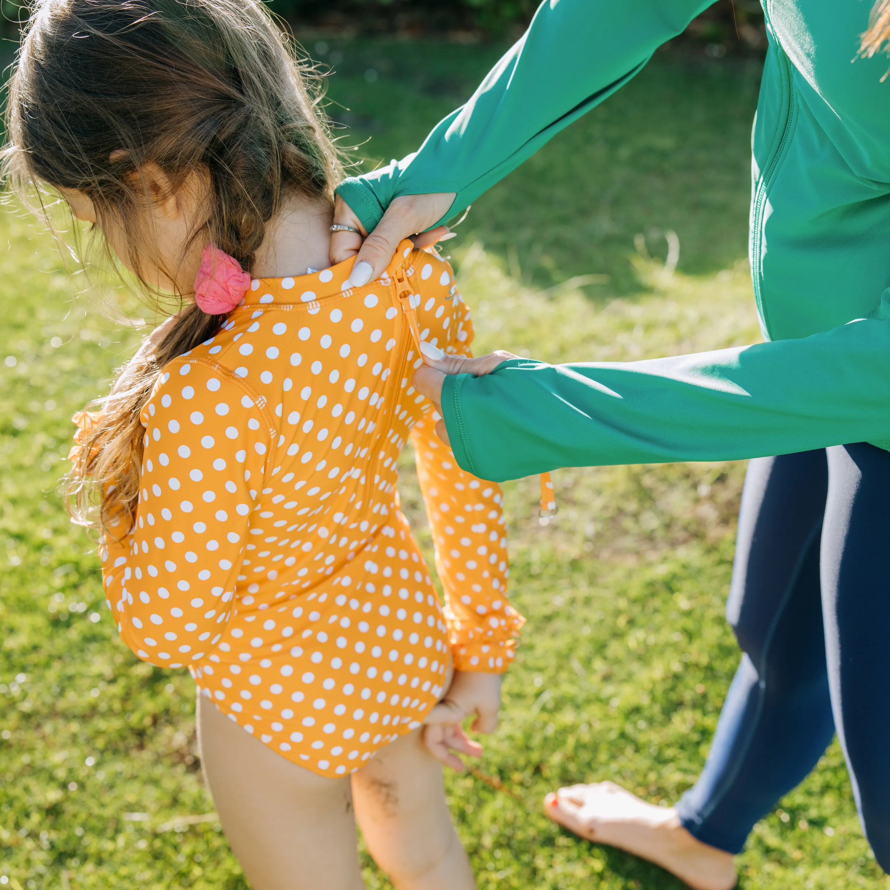 Girls Long Sleeve Surf Suit (One Piece Bodysuit) | "Orange Sassy Surfer"