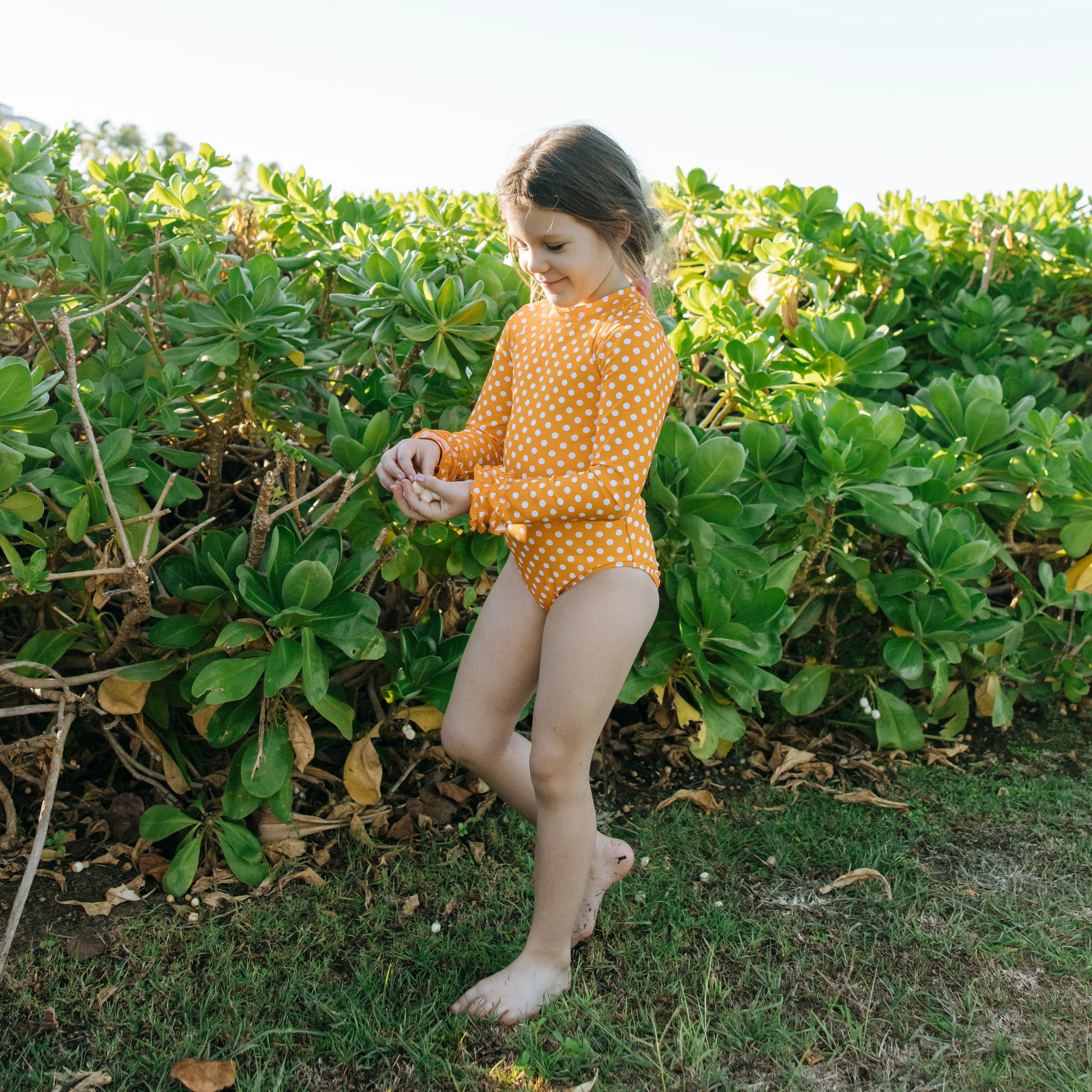 Girls Long Sleeve Surf Suit (One Piece Bodysuit) | "Orange Sassy Surfer"