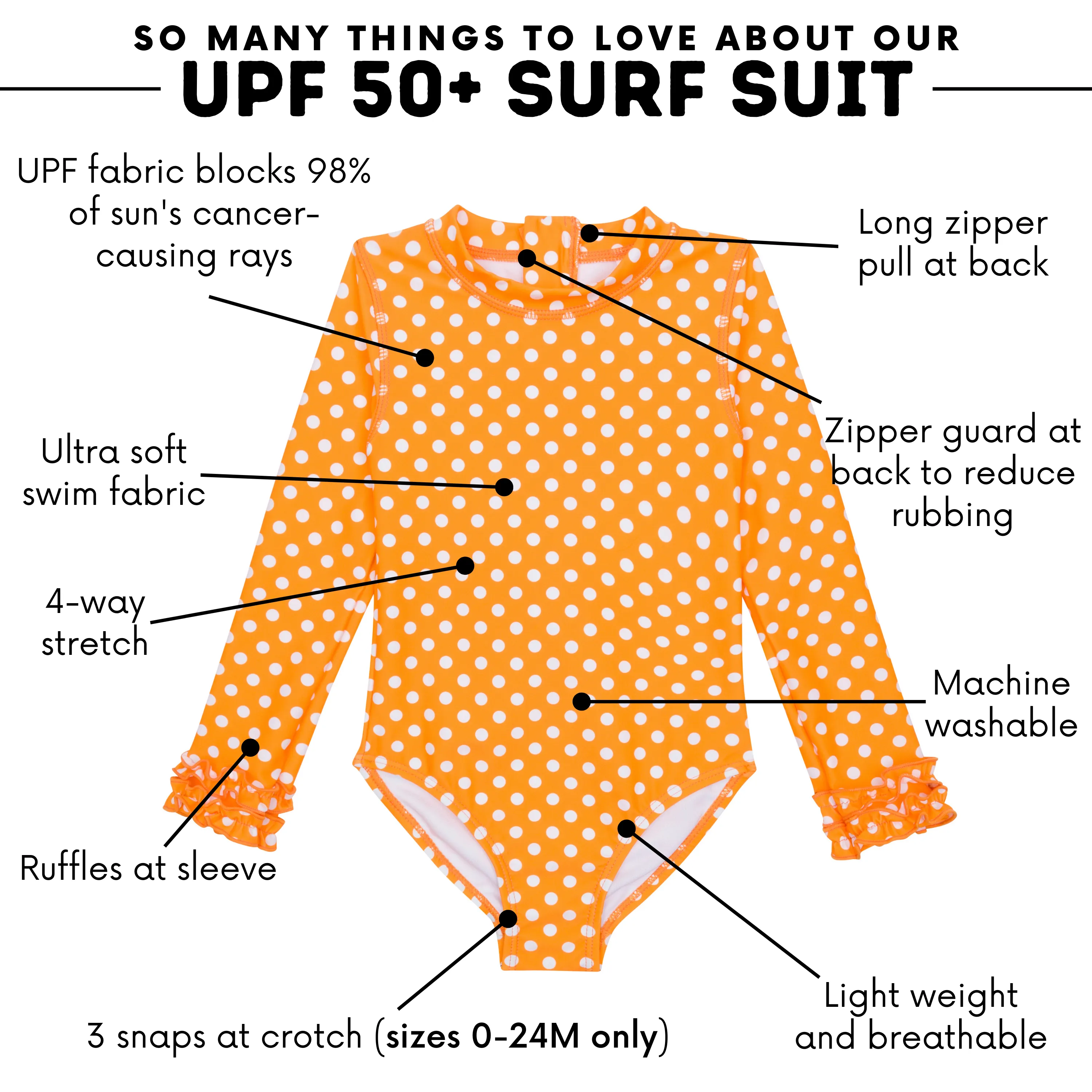 Girls Long Sleeve Surf Suit (One Piece Bodysuit) | "Orange Sassy Surfer"