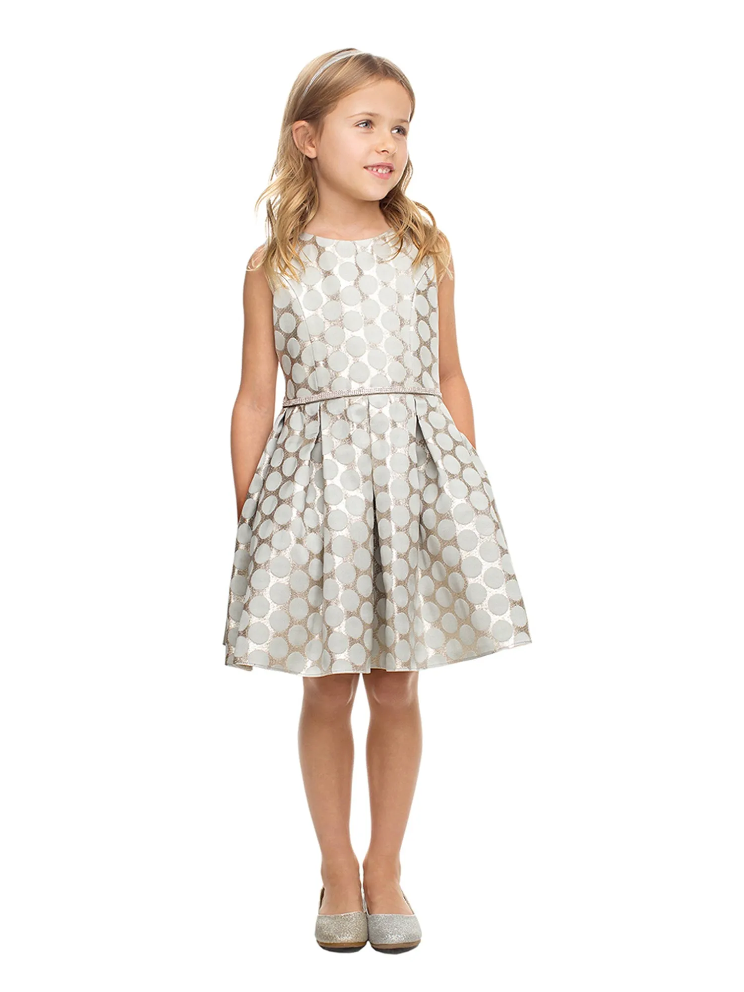 Girls Multi Color Polka Dot Metallic Jacquard Pleated Flower Girl Dress 2-16